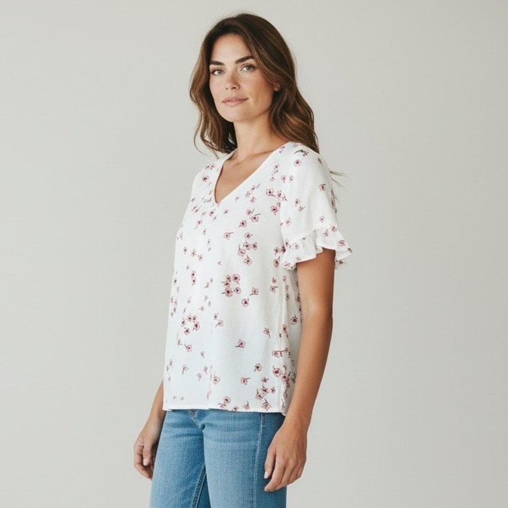 CeCe Women's Floral Button Front V-Neck Ruffle Short Sleeve Blouse - Small NWT